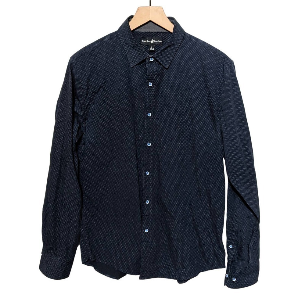 Beverly Hills Polo Club Mens Swiss Dot Button Down Shirt Size L Blue Long Sleeve
